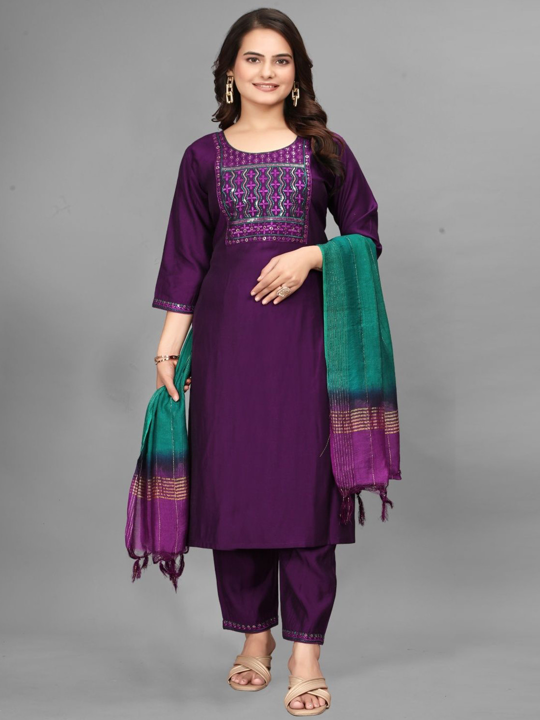 Caitri Retail Embroidered Round Neck Straight Kurta With Trousers & Dupatta