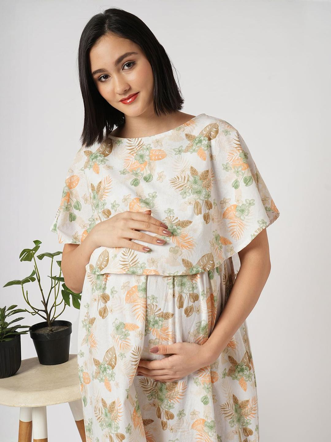 Mystere Paris Women Bloom Aesthetic Printed Slits Maternity A-Line Dress