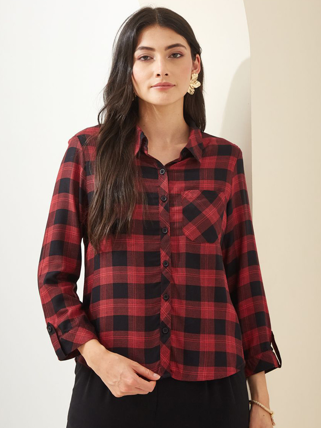 Latin Quarters Women Relaxed Fit Buffalo Checked Spread Collar Casual Shirt