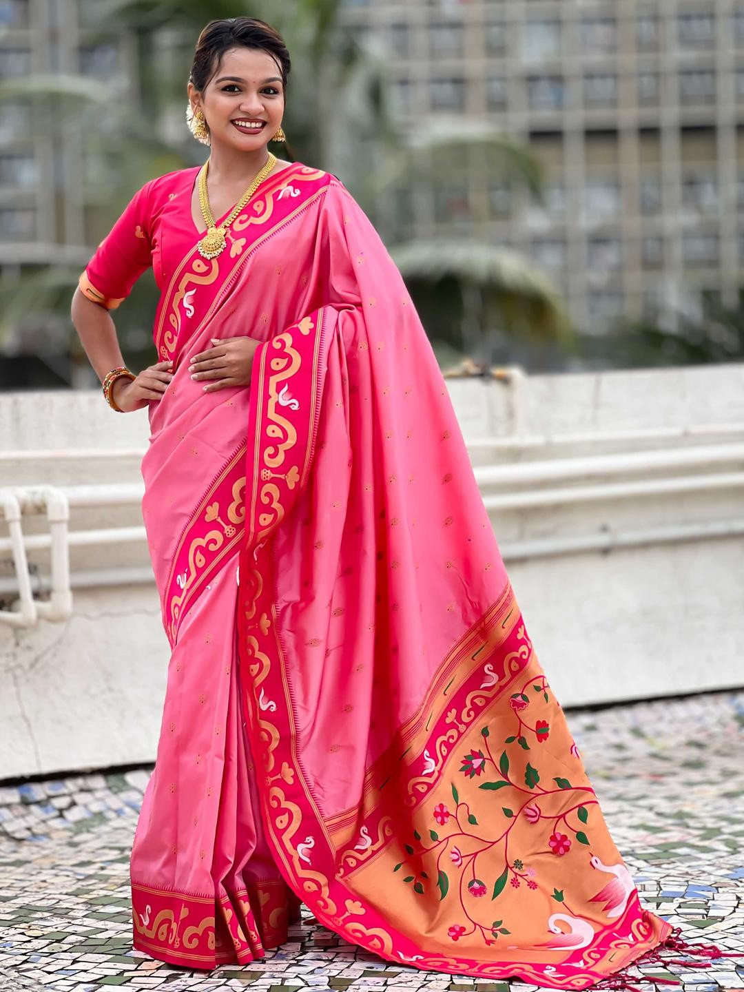 all about you Babypink Mohini Floral Woven Design Zari Paithani Saree