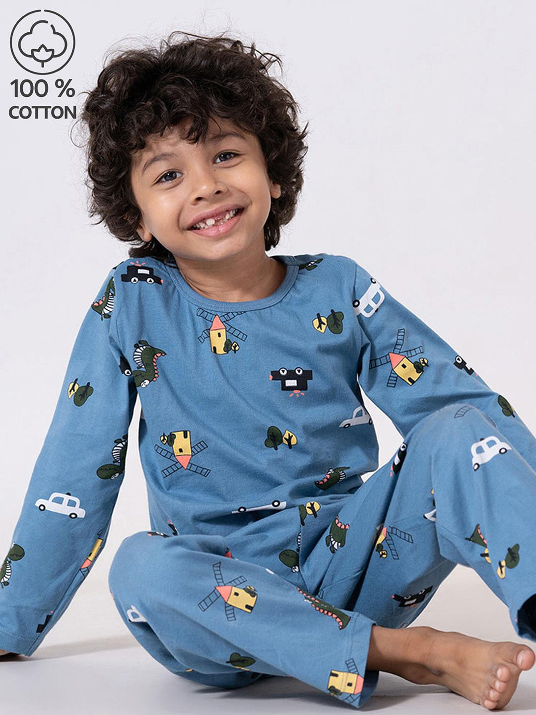 Hopscotch Boys Blue Printed Pure Cotton Sleepwear Set