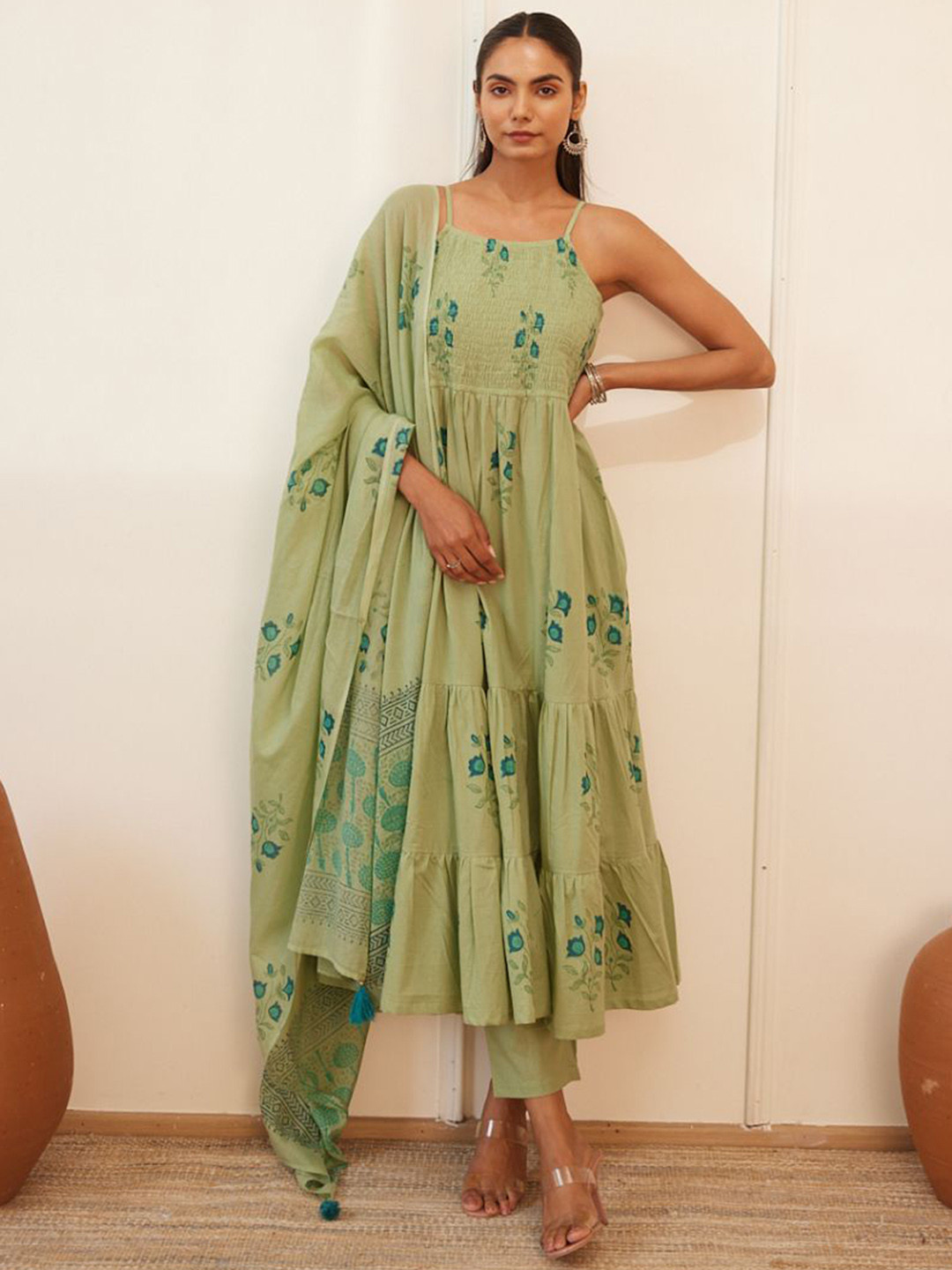 MAAND Block Print with Smocking Detail Shoulder Straps Anarkali Pure Cotton Kurta with Trousers And Dupatta