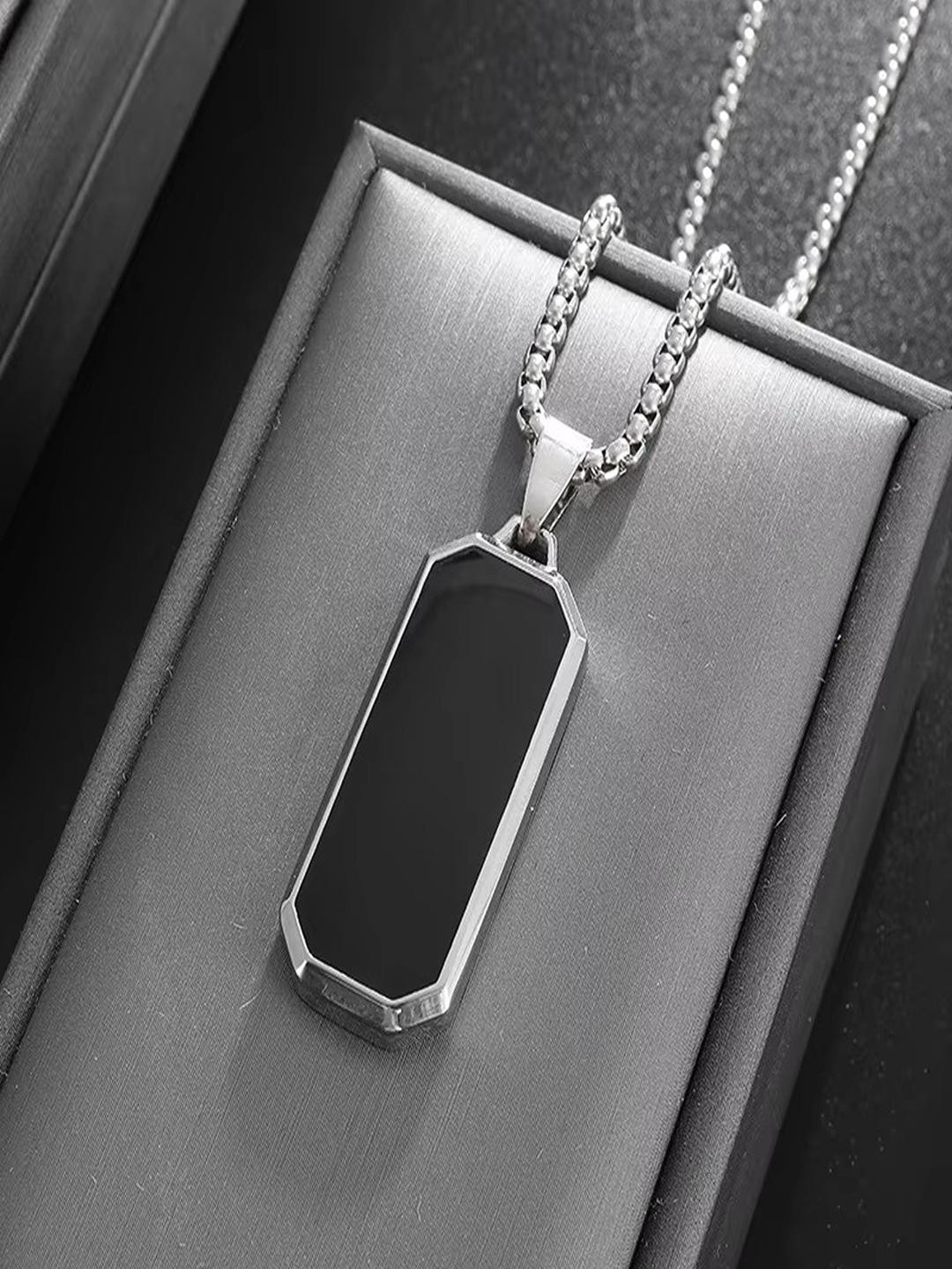 Jewelgenics Silver-Plated European Style Rectangle Black Stone Enamel Pendant Chain