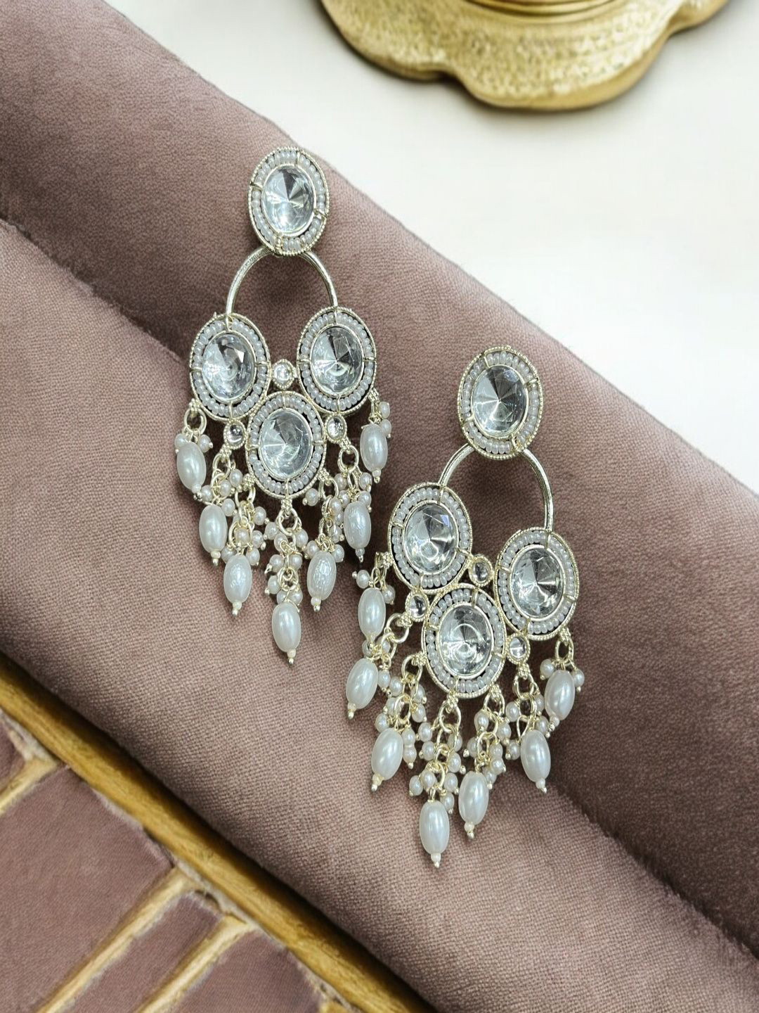 KATION ENTERPRISE Gold-Plated Stones Studded & Pearls Beaded Oval Chandelier Drop Earrings