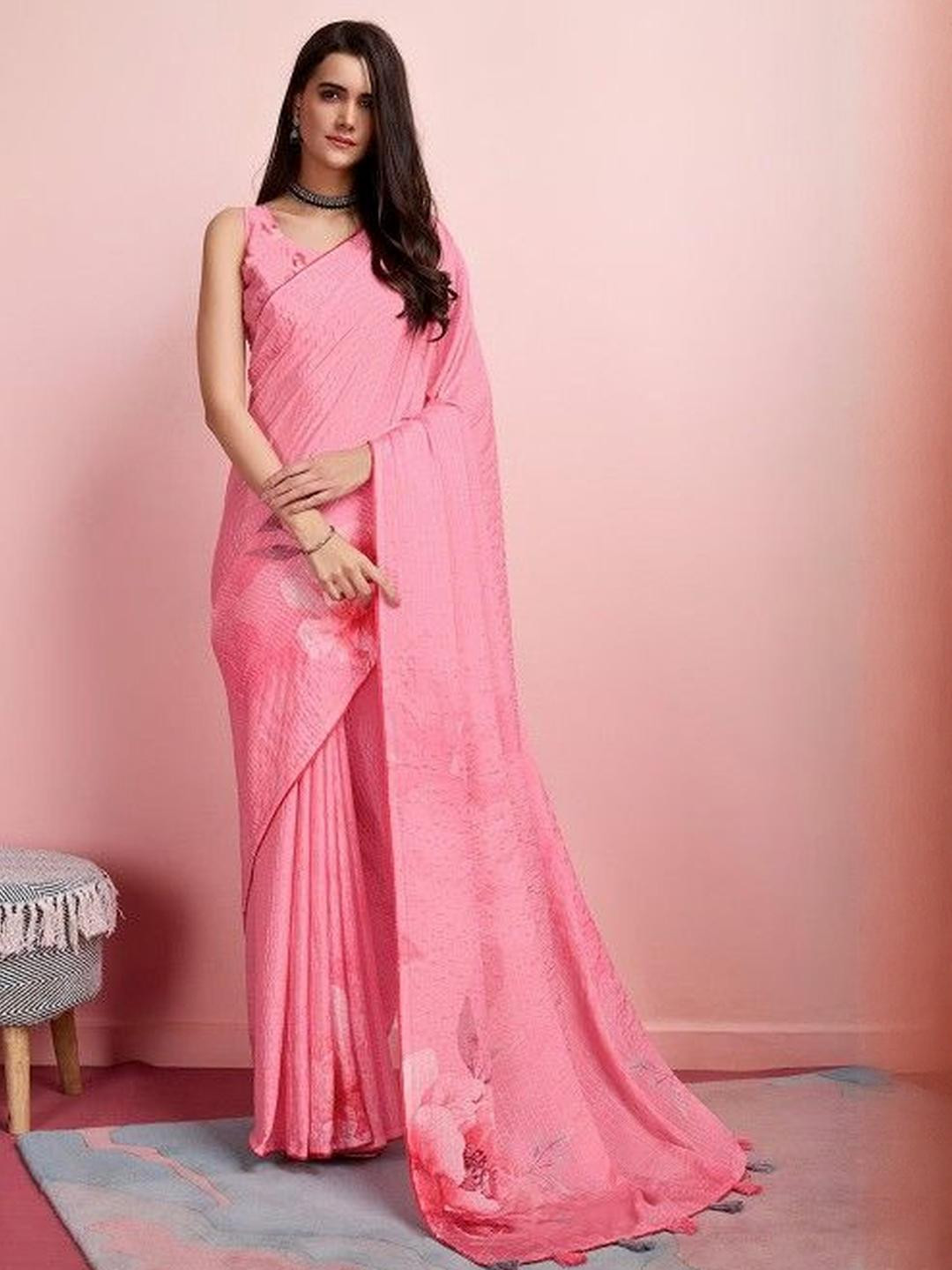 KARAGIRI Pink Silk Blend Party Wear Saree With Blouse Piece