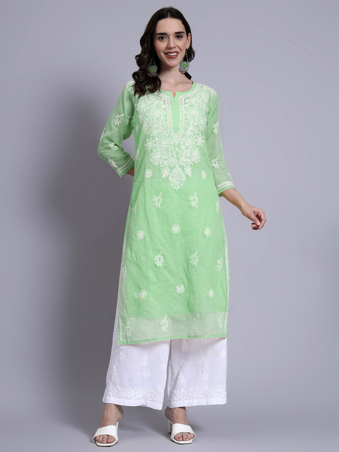 The Chikan Label Women Embroidered Festive Cotton Akshara Kota Kurta with Inner