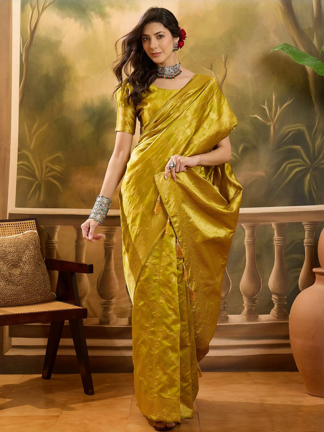 Sangria Lime Green Woven Design Silk Blend Sarees