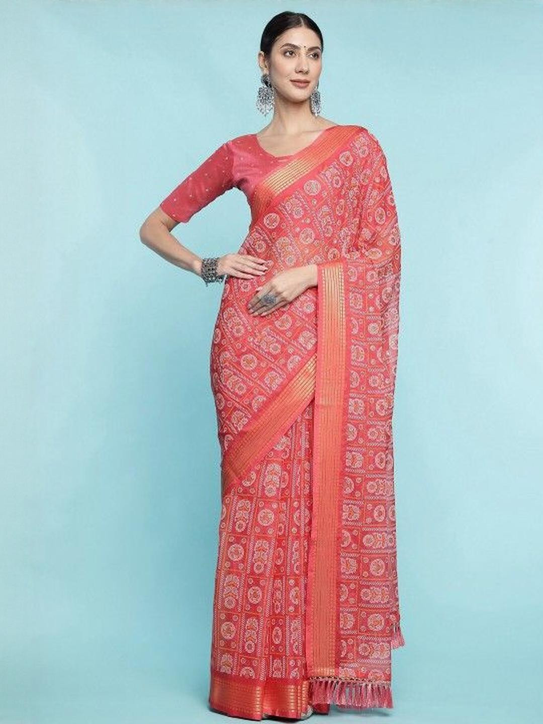KARAGIRI Peach Chiffon Saree With Blouse Piece