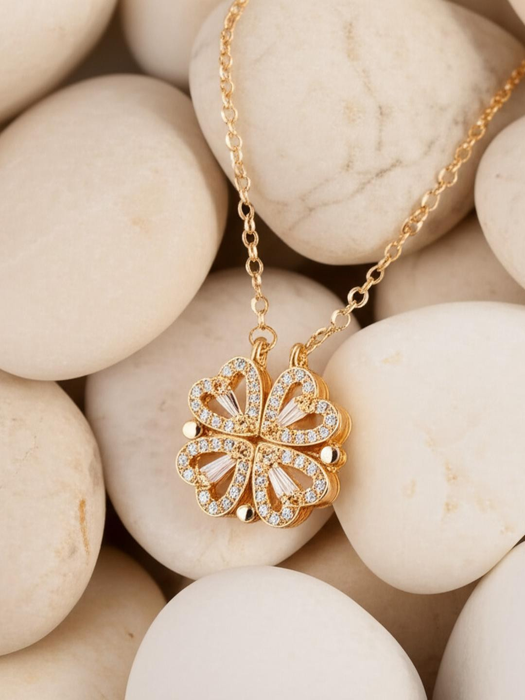 DressBerry Women Gold-Plated Cubic Zirconia Studded 2-In-1 Magnetic Hearts Necklace