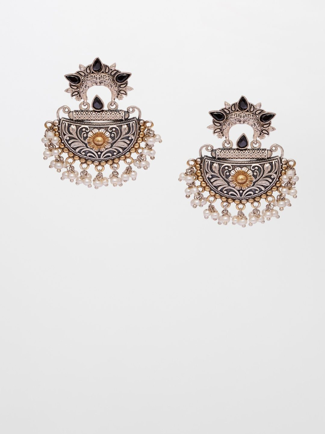 HENA DESIGNS LLP Stone Studded & Pearls Beaded Oxidised Teardrop Shaped Drop Earrings