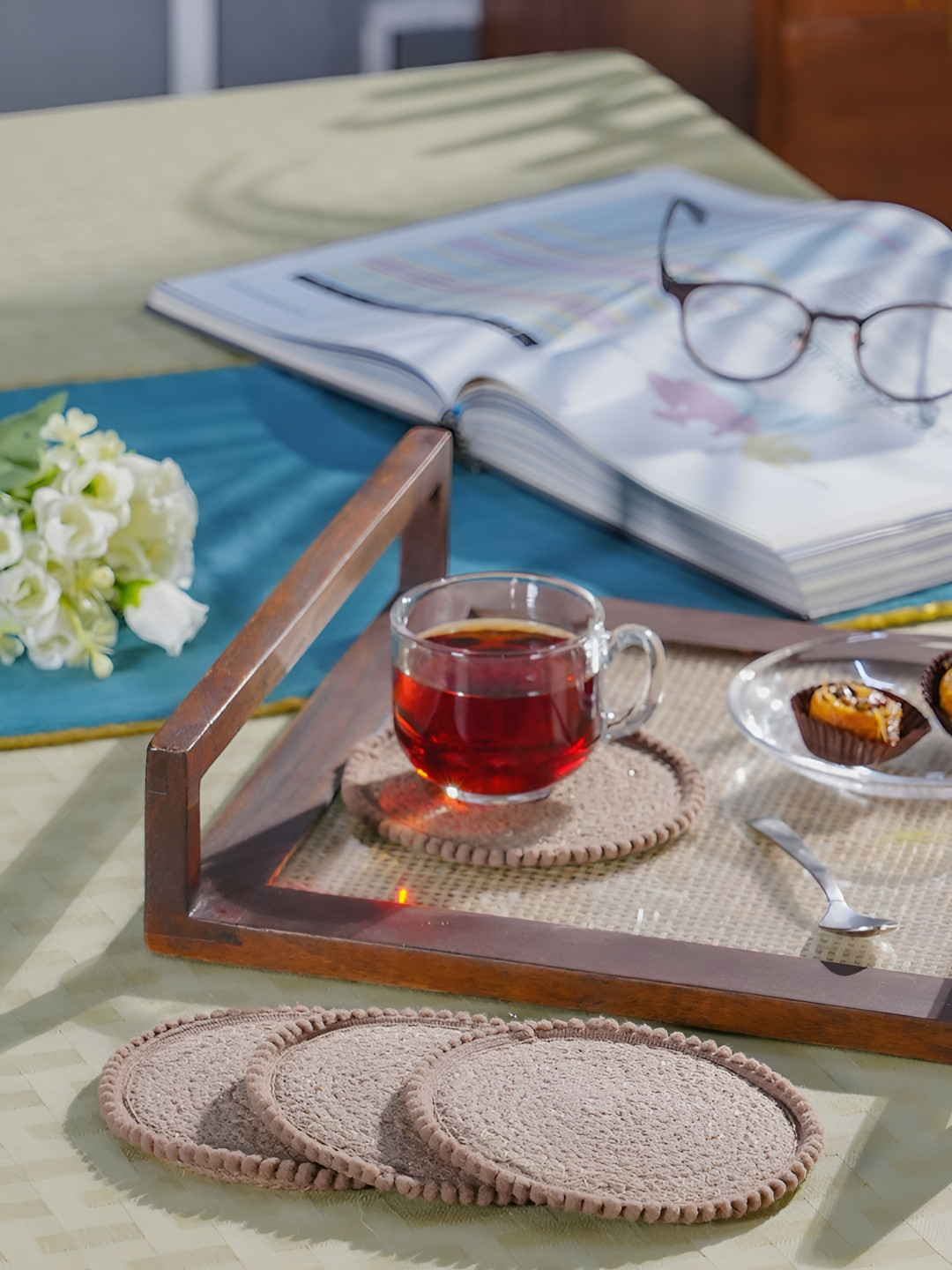 MASPAR Parchment Beige 4 Pieces Geometric Cotton Standard Coaster