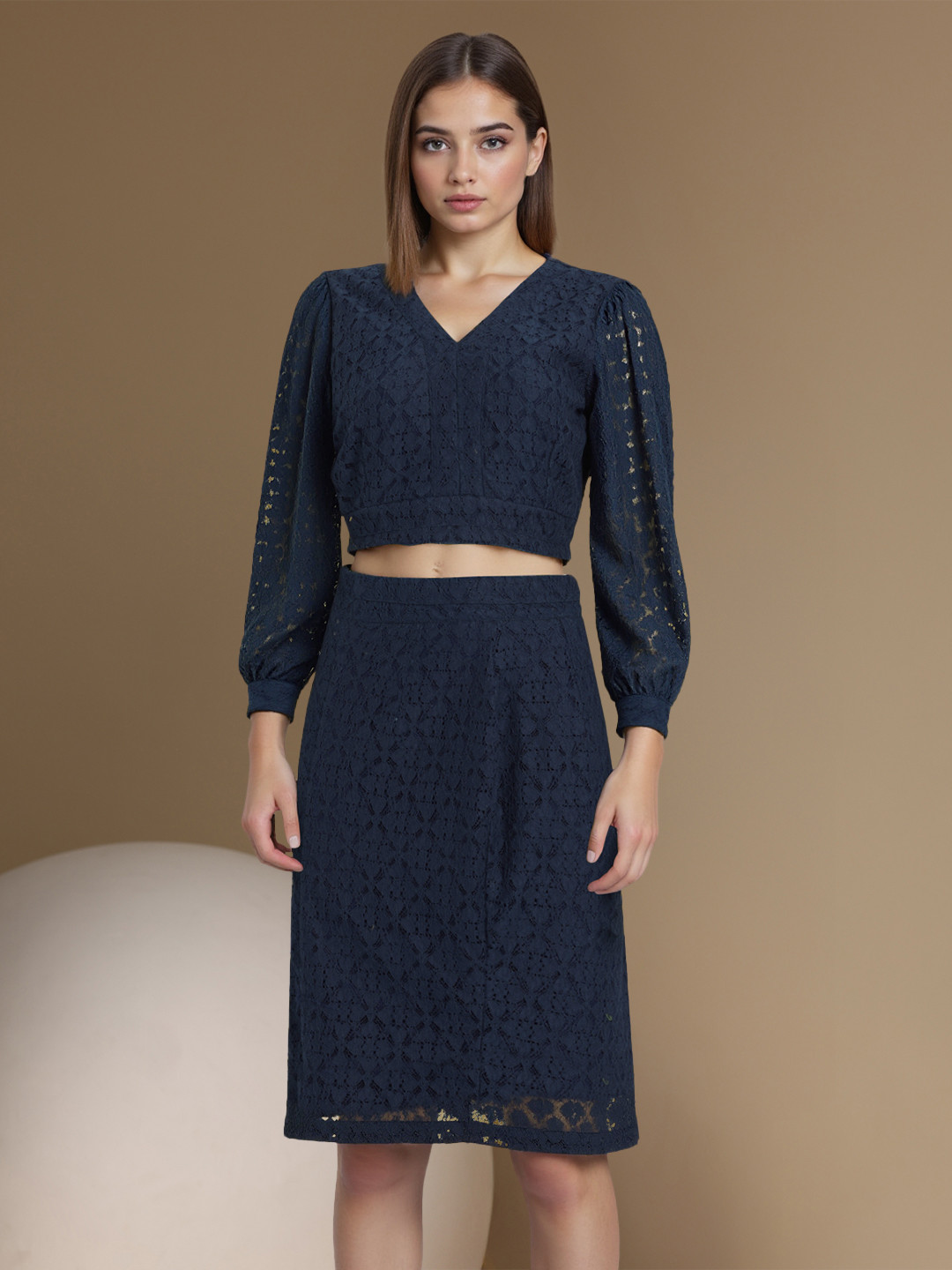 Chemistry V-Neck Lace Crop Top With Straight Skirt Co-Ord Set