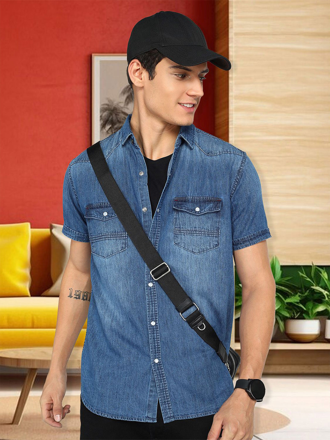 Kuons Avenue Men Standard Fit Denim Double Pocket Casual Shirt