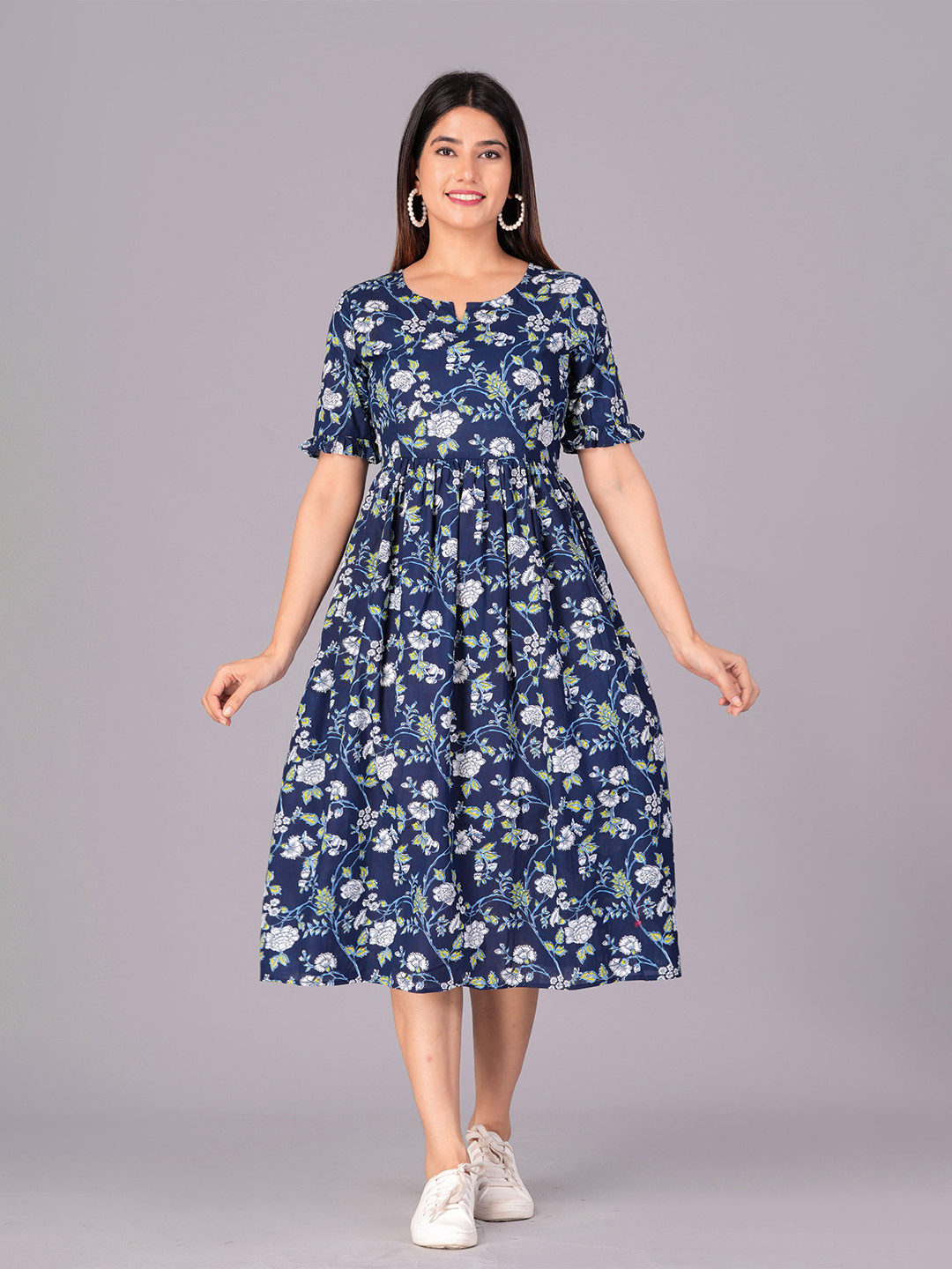 Asifarheen Women Pure Cotton Floral Printed Fit and Flare Midi Dress