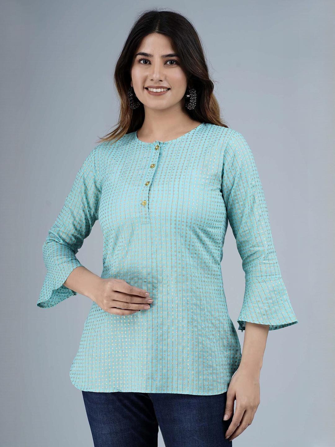 Indiwest Women Blue Cotton Gold Dots Printed Striped Kurta