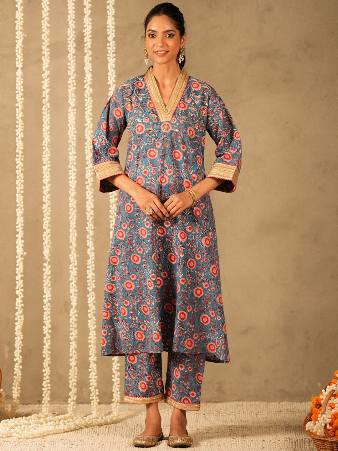 AKISO Floral Printed V-Neck Beads and Stones A-Line Pure Cotton Kurta With Trousers