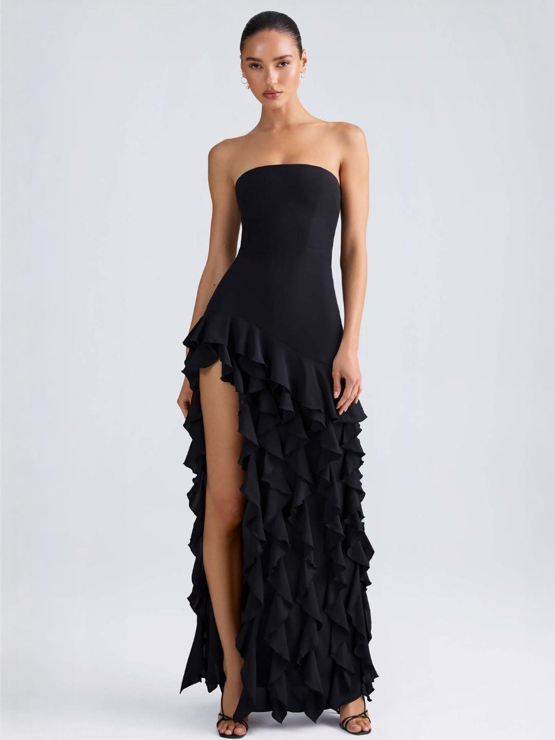 StyleCast Women Strapless Ruffles Bandeau Maxi Dress with Slit