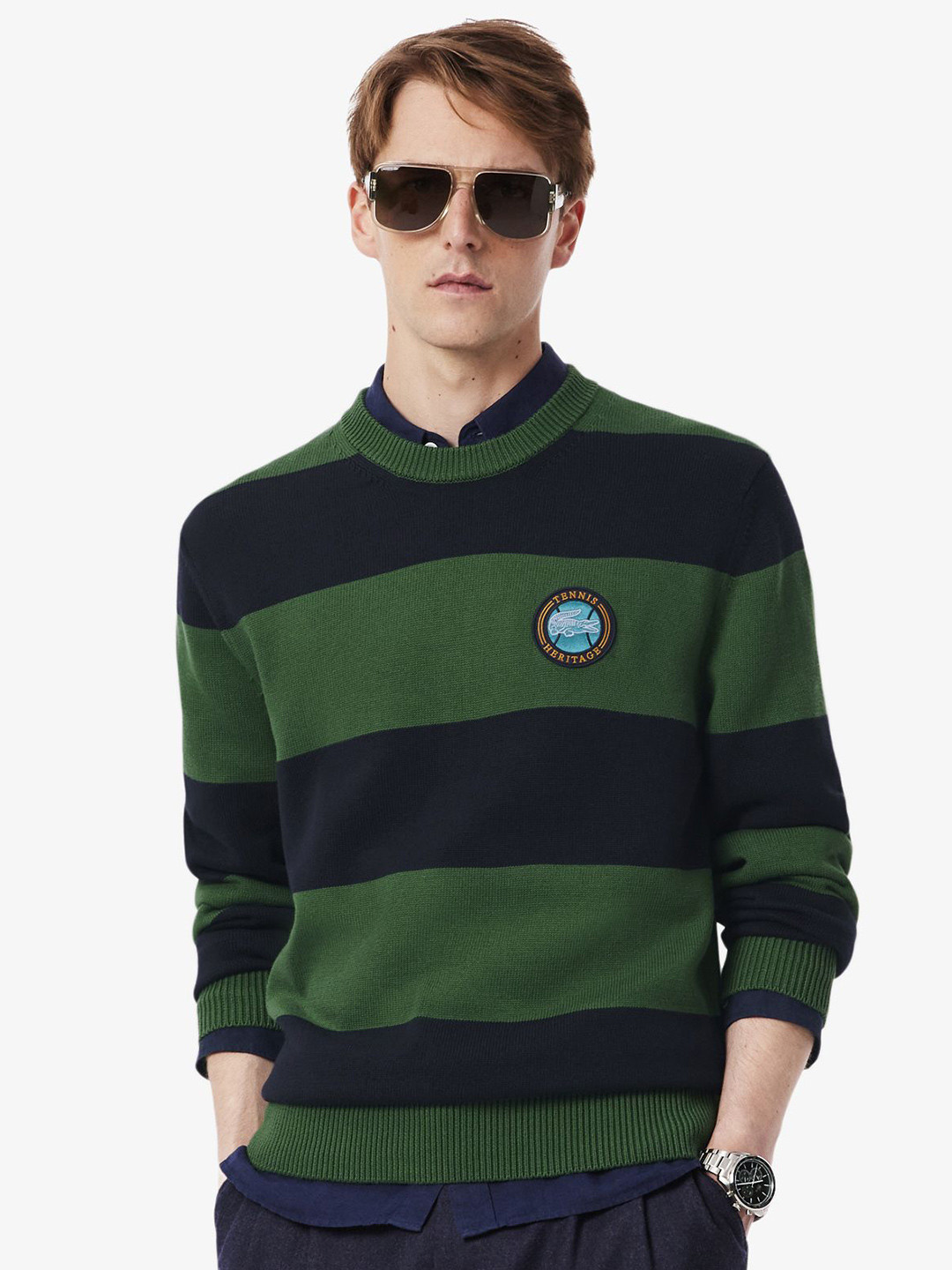 Lacoste Men Striped Cotton Round Neck Jersey Sweater