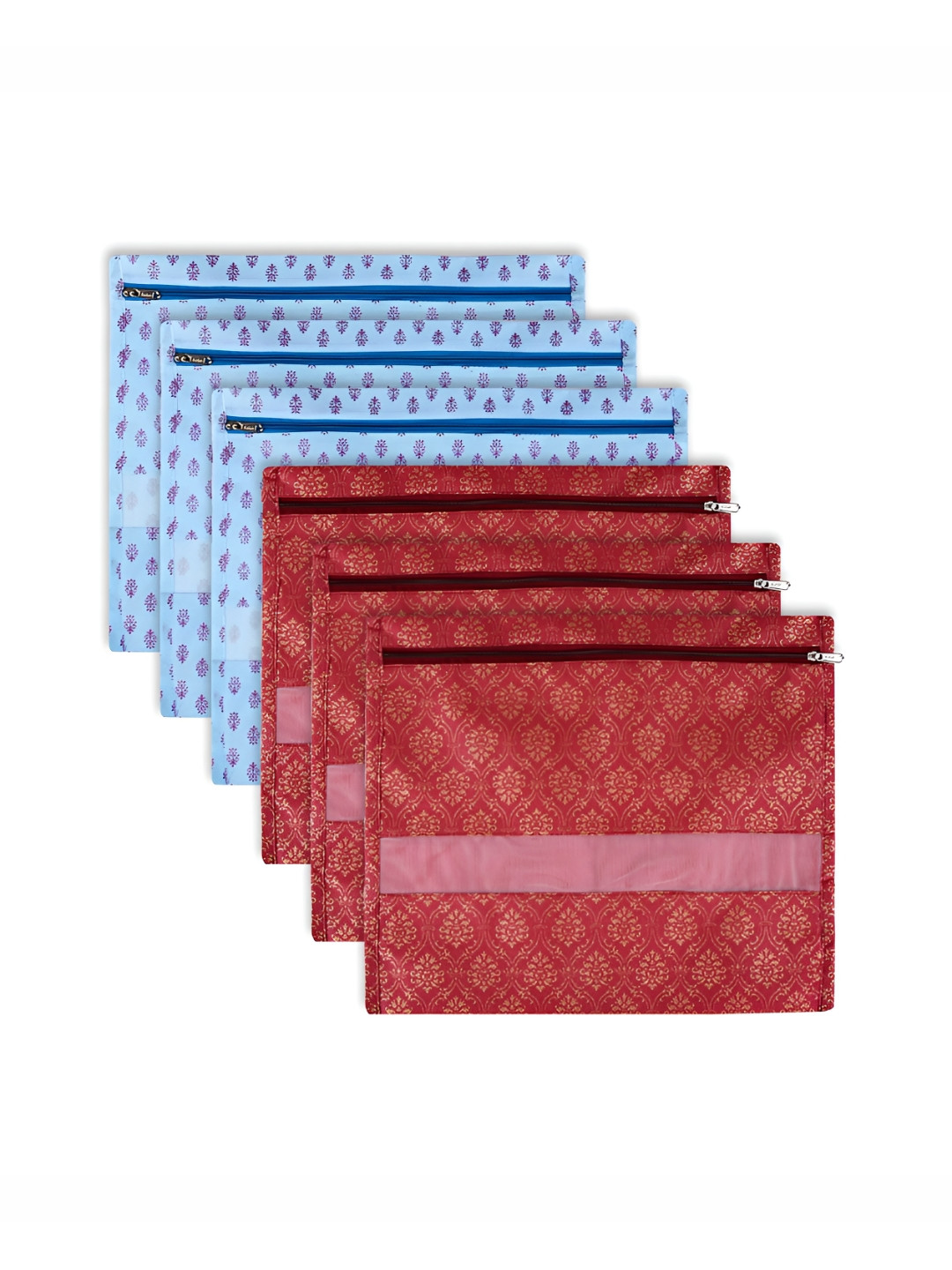 Aura Sky Blue & Maroon 6 Pieces Ethnic Motifs Printed Drawer Saree Clothes Bag Organisers