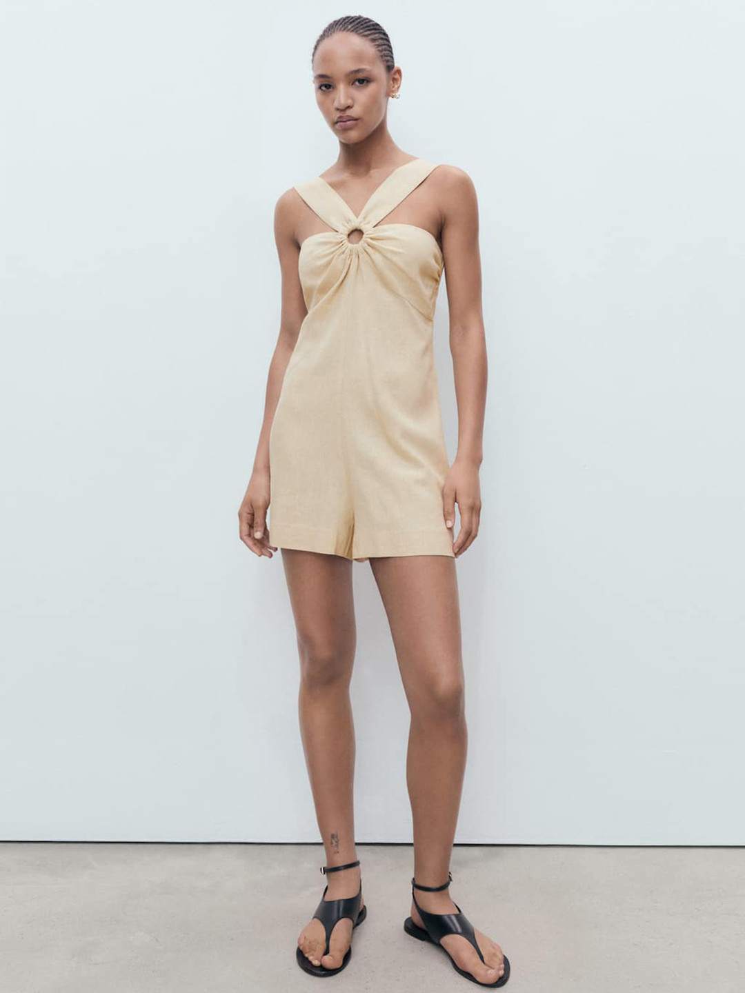 MANGO Ruched Effect Smocked Detail Cross V-Neck Playsuit