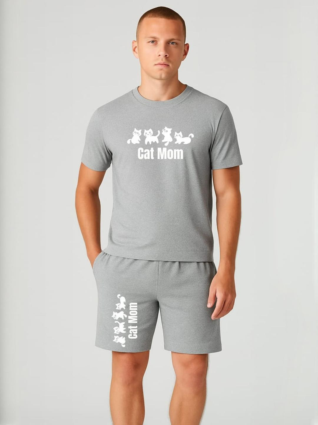 FABSTIEVE Cat Mom Men Printed Round Neck T-Shirt With Shorts Co-Ords
