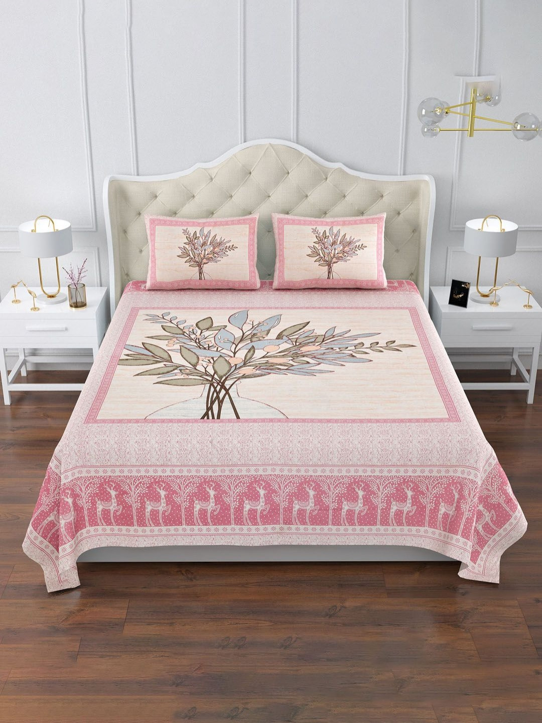 Aura Pink & Grey Graphic Printed 160 TC King Bedsheet Set-2.72m x 2.29 m x 0.1 m