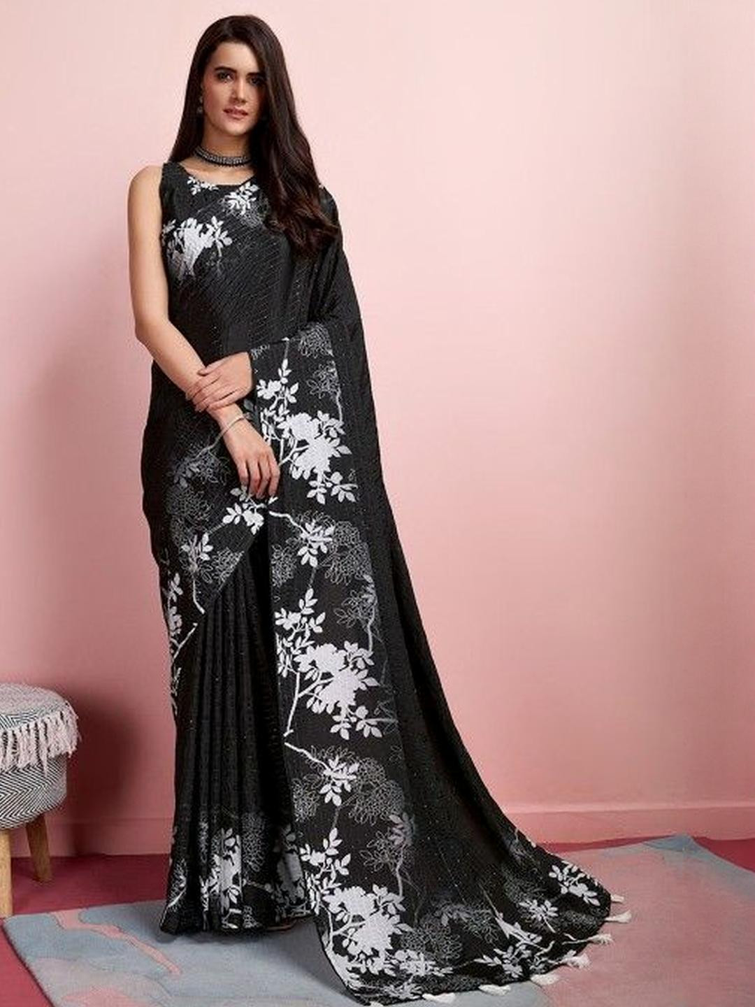 KARAGIRI Black Silk Blend Party Wear Saree With Blouse Piece