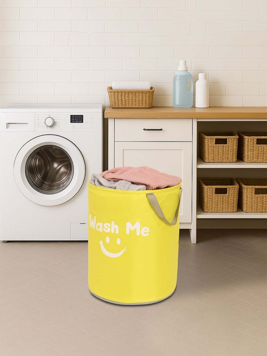 Aura Yellow And Grey Printed Foldable Laundry Bag With Carry Handles
