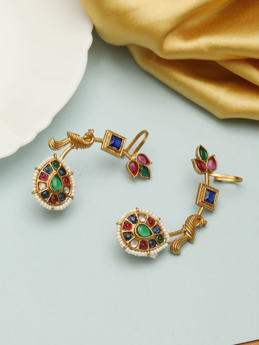 VIVAZS Gold-Plated Artificial Stones Studded & Beaded Peacock Shaped Ear Cuffs Earrings