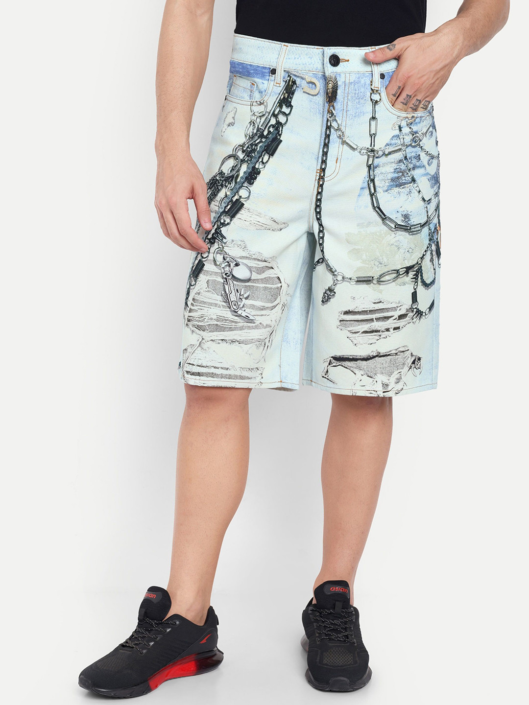 COSMIC Men Abstract Printed Relaxed Fit Mid-Rise Denim Shorts