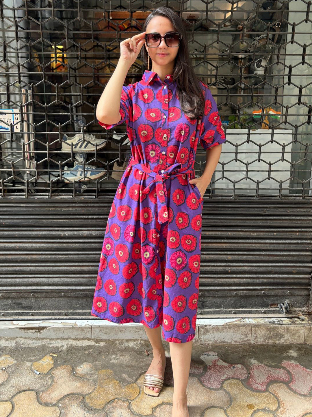 Safeera Floral Print Belted Cotton Shirt Midi Dress