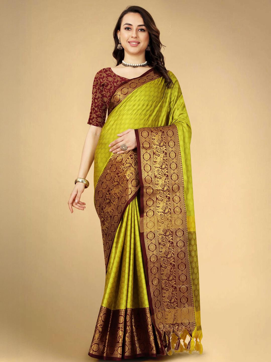 KALINI Olive Silk Cotton Banarasi Sarees