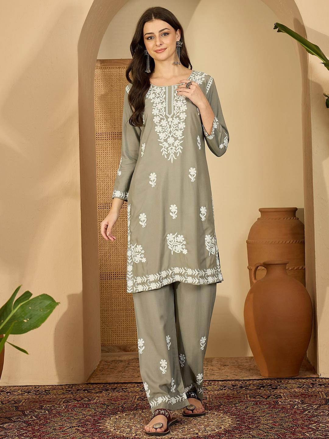 Sangria Women Grey Rayon White Embroidered Tunic with Palazzo Co-Ords