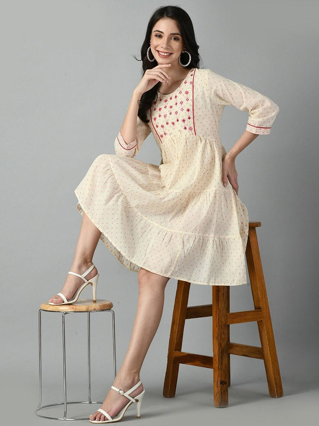 Ruvii Women Ethnic Motifs Embroidered Fit & Flare Pure Cotton Midi Dress