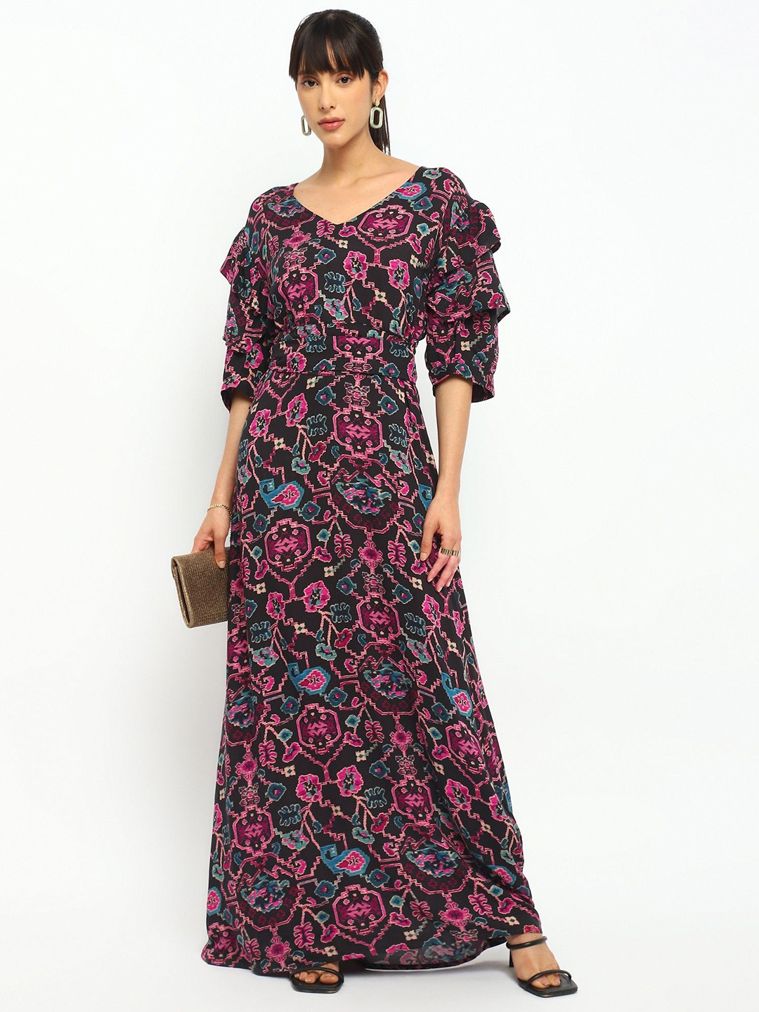 theulluu.com Women Ethnic Motifs Printed Belted A-Line Maxi Dress