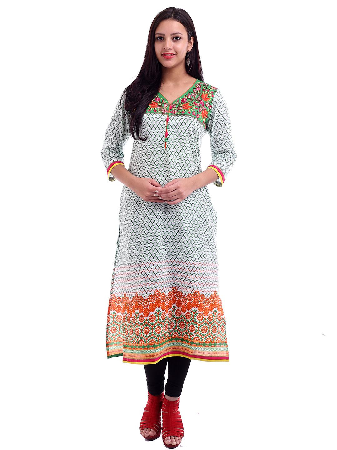 Inara Robes Women Floral Printed Green & Off White Embroidered Cotton Kurta