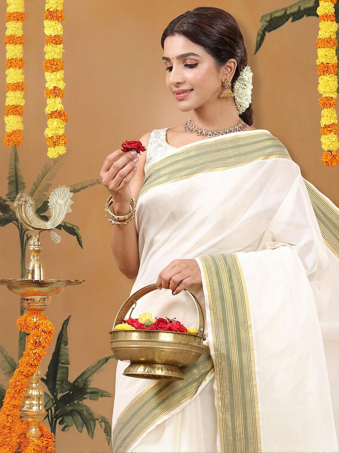 Kalyan Silks Woven Design Kasavu Saree With Unstitched Blouse Piece