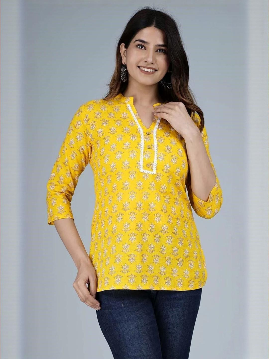Indiwest Mustard Floral Printed Cotton Top