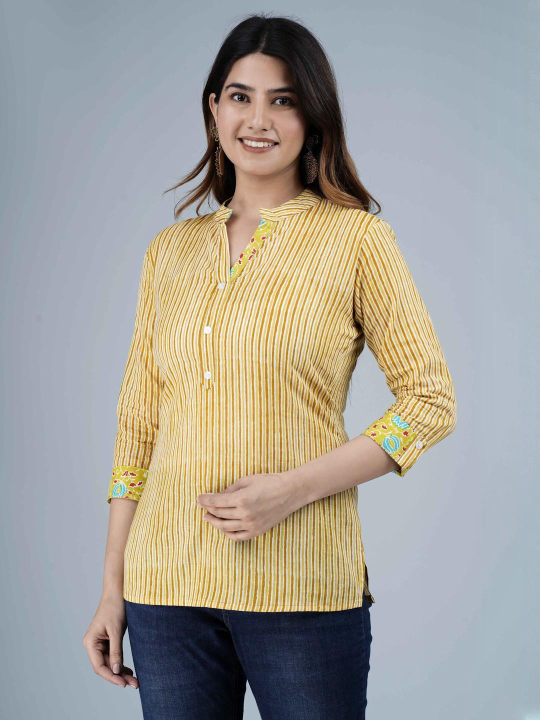 Indiwest Women Mustard Stripes Printed Cotton Top