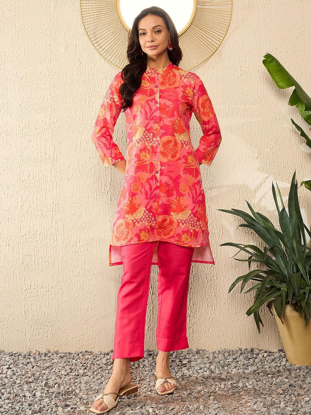 dhartii Women Coral Pink Floral Print Tunic with Trouser Co-Ords Set