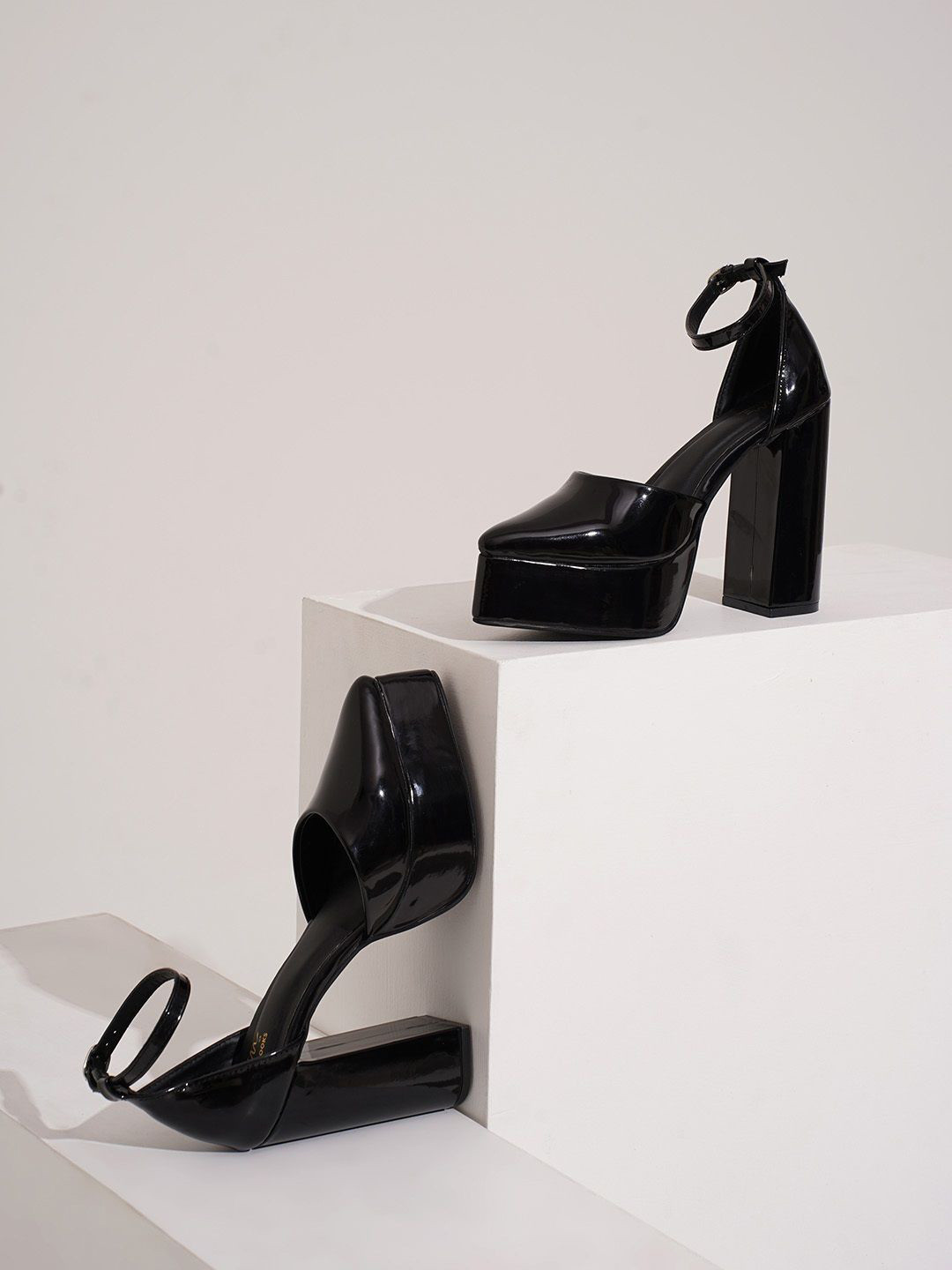 JM Looks Women Pointed Toe Patent Block Heels with Ankle Strap and Glossy Platform