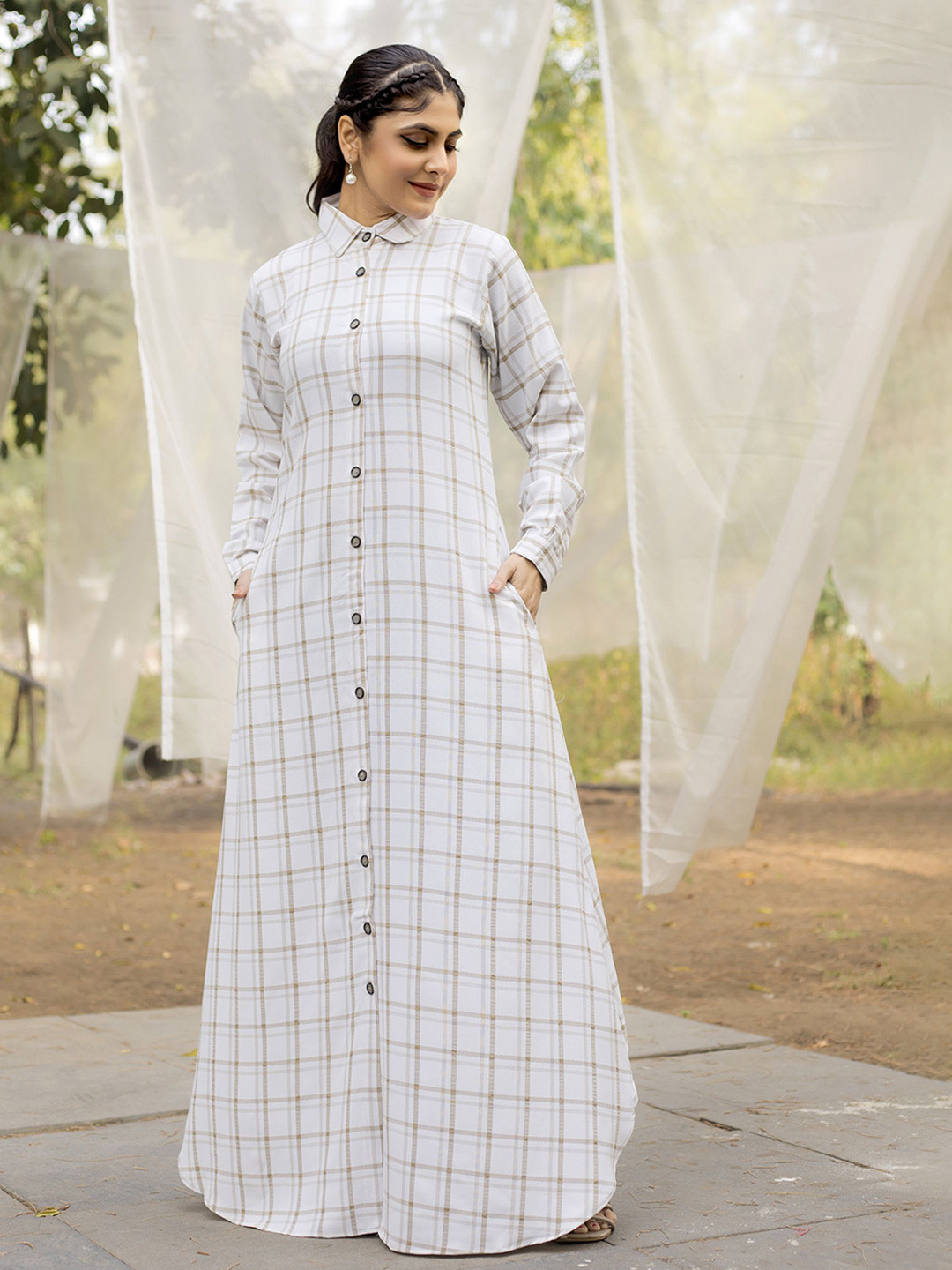 SARINKU Women Checked Cotton Shirt Maxi Dress