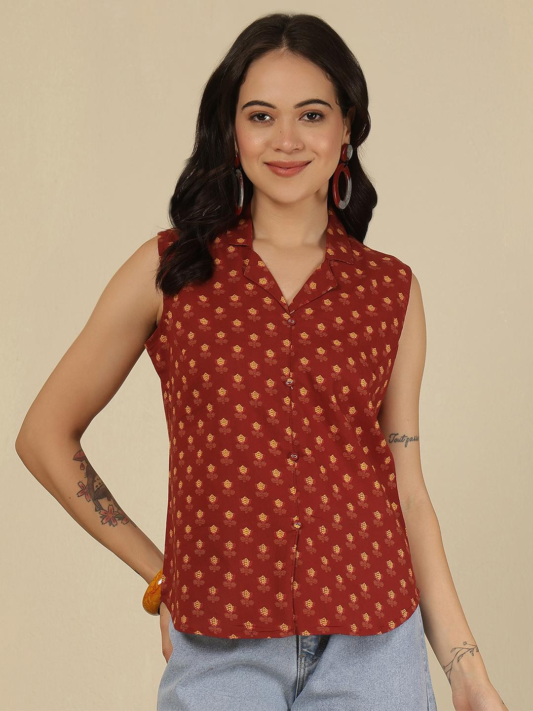 SZN Women Maroon Cotton Printed Tops