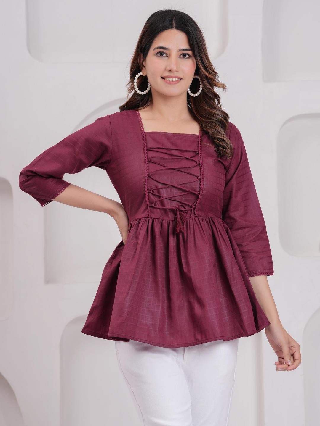 SZN Women Burgundy Printed Square Neck Peplum Top