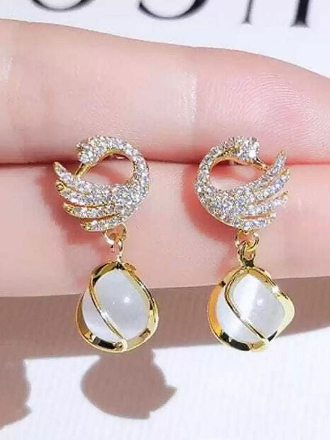 Conjoin Gold-Plated Stones Studded And Pearls beaded Peacock Shaped Korean Drop Earrings