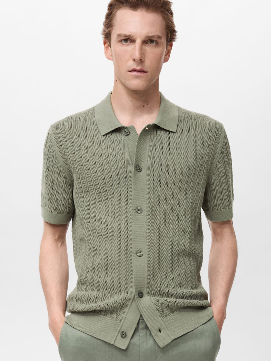 MANGO MAN Self Striped With Open Knits Pure Cotton Casual Shirt