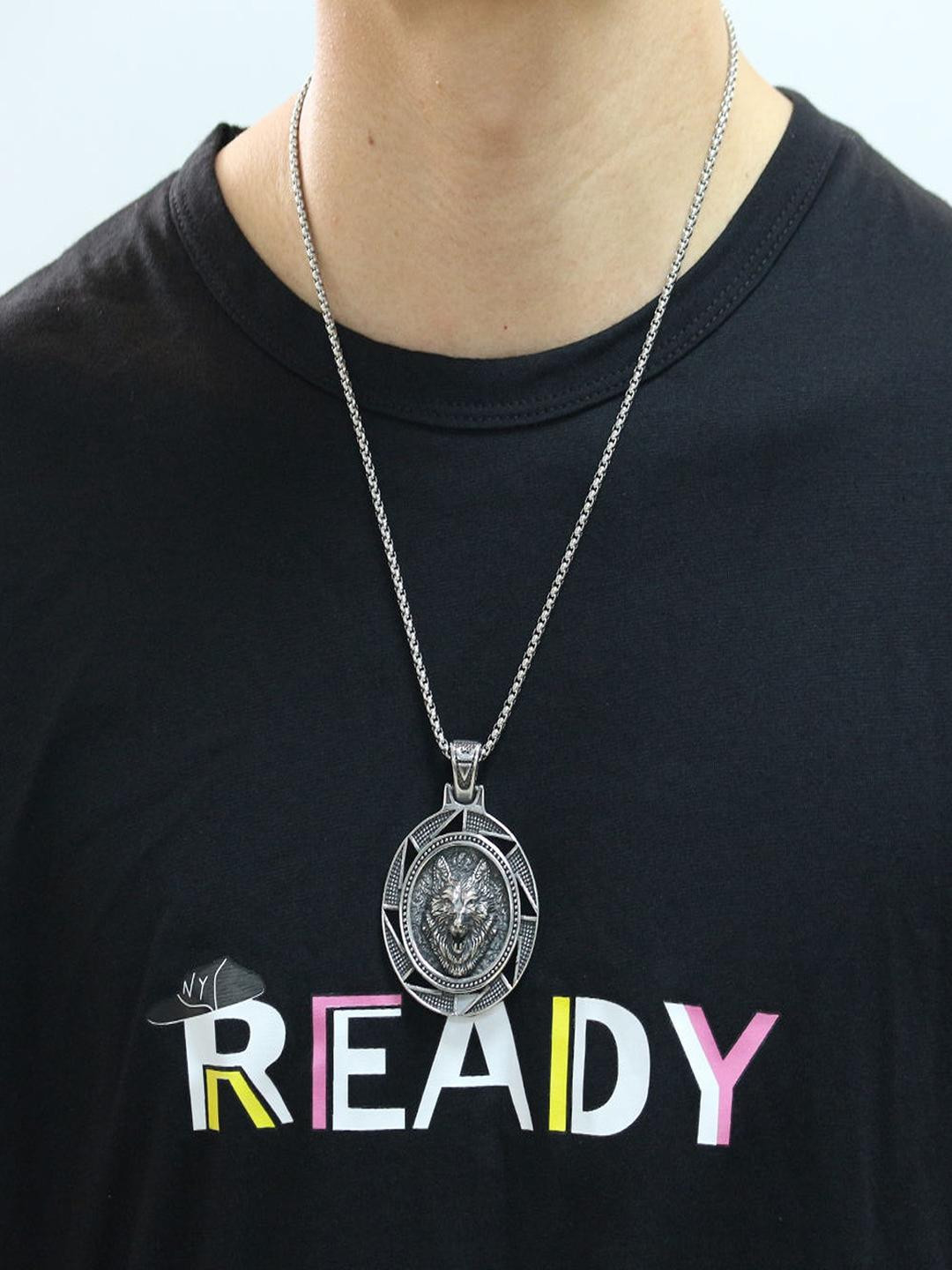 Jewelgenics Silver-Plated Oxidised Wolf Head Pendant with Chain