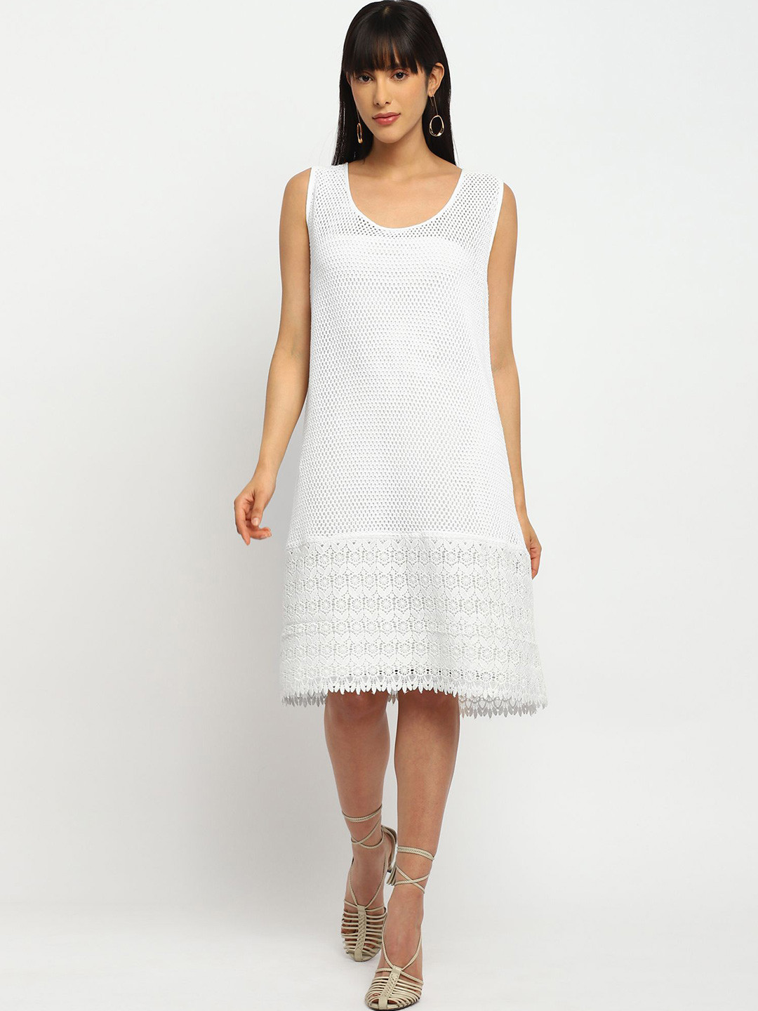 theulluu.com Classic Self Design Crochet Sleeveless Cotton A-Line Dress
