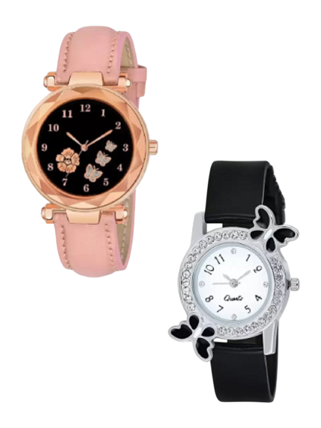 Miss Perfect Set Of 2 Unisex Embellished Dial & Leather Straps Analogue Watch
