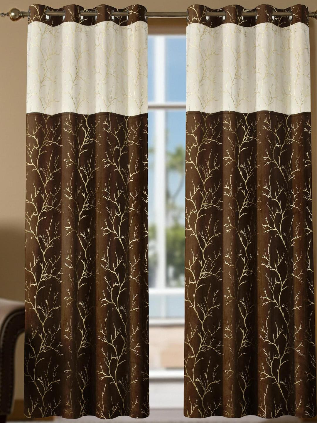 IVAZA Coffee Set of 2 Brown & White Floral Black Out Door Curtain